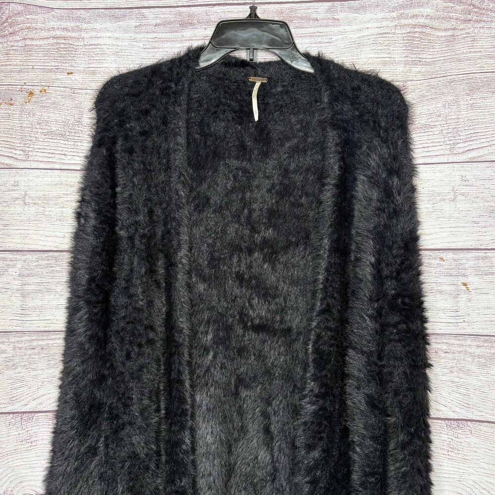 Free People Black Faux Fur Open Front Pocket Plush Cozy Cardigan Sweater Small - Picture 3 of 10
